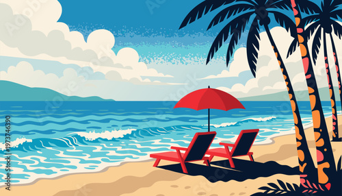 Tranquil beachside relaxation under vibrant tropical skies