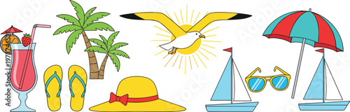 Summer Beach Vacation Vector Illustration Set with Palm Trees, Cocktail, Flip Flops, Hat, Sunglasses, Boat, and Umbrella for Travel Designs