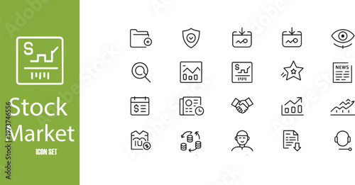 Stock Market Trading and Financial Investment Analysis Line Icon Set