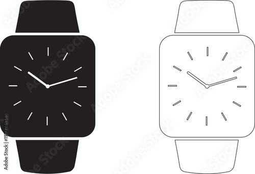 martwatch wrist watch with clock face flat vector icon set in solid and line art