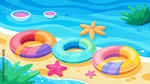 Colorful inflatable rings and starfish floating Summer beach background 
