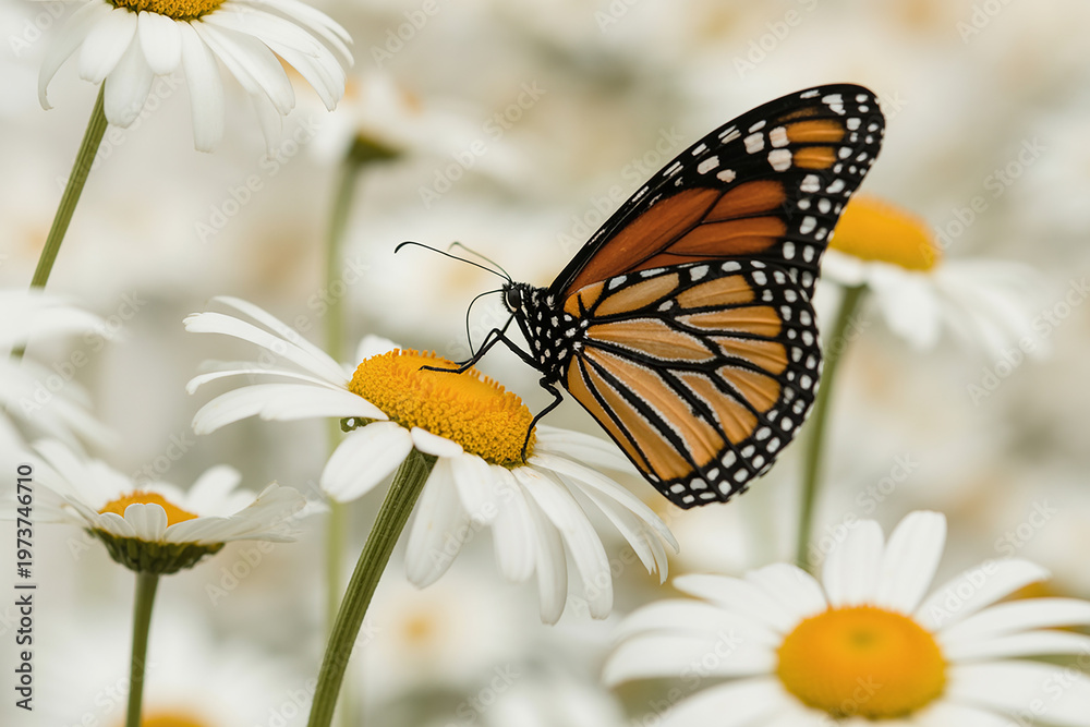 Fototapeta premium A monarch butterfly perches on a white daisy flower in a field.