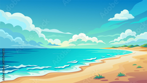 Serene beach scene under a sky filled with fluffy clouds Summer beach background 