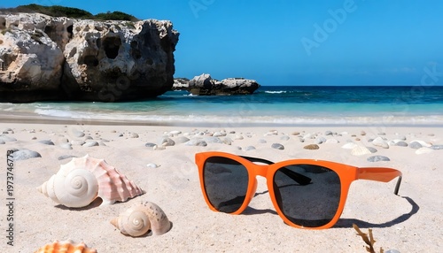 Orange Sunglasses On Beach With Shells High Resolution Photo