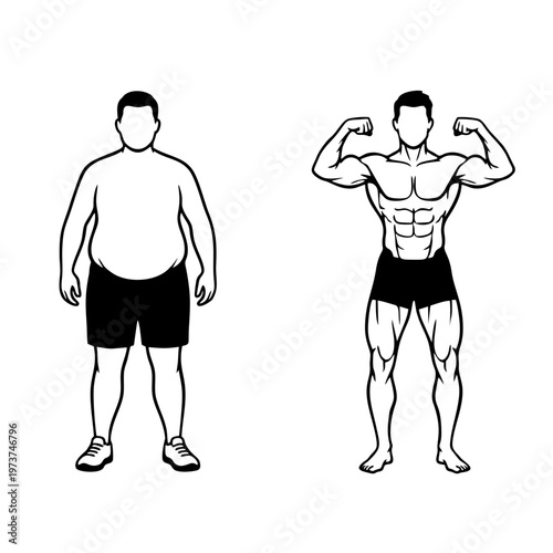 Side-by-side illustration of a man's physical transformation from out of shape to muscular physique.