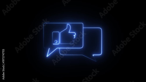 Blue neon speech bubbles with a thumbs-up icon glowing on a black background in motion. 4k  videos
