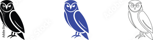 Stylized Owl Vector Set - Black, Blue, and Outline Designs for Graphic Projects