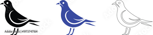 Three Pigeon Silhouettes: Black, Blue, and Outline Versions for Versatile Design Applications