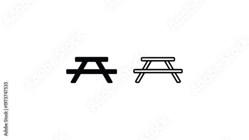 Picnic table icon set in solid and outline styles, outdoor furniture symbol, park seating concept, minimal black and white vector illustration