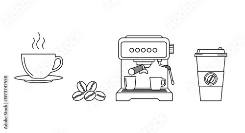 Coffee icons with cup, beans and machine.