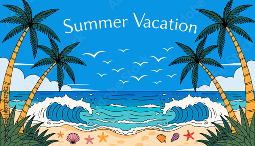 A vibrant illustration of a tropical summer vacation by the beachside