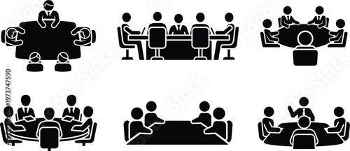 Business meeting conference table teamwork discussion icons set, corporate boardroom collaboration leadership communication strategy planning vector silhouettes