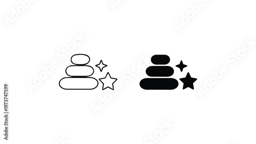 Spa stones icon set in outline and solid styles, wellness balance symbol with zen rocks and stars, relaxation concept black and white vector