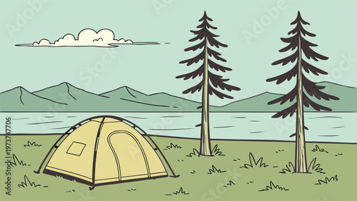 A serene camping scene with a tent set against a mountain backdrop and tall pine trees Background