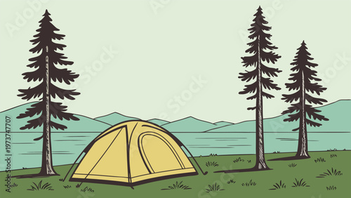 A cozy camping dome tent set up in a serene forest near a tranquil lake Background Design