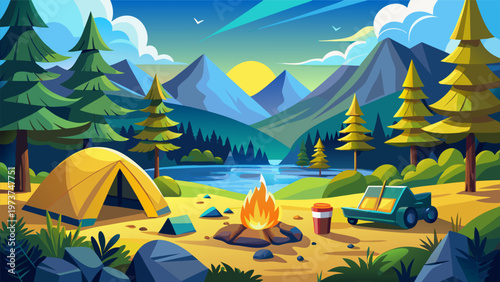 Serene camping scene in a picturesque mountain valley during sunset Background Design