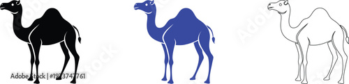 Camel Silhouettes: Black, Blue, and Outline Vector Illustration Set