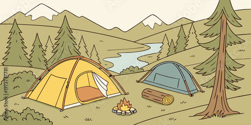 Scenic camping trip in a serene mountainous forest with tents and a campfire Background Design