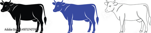 Cow Silhouettes: Black, Blue, and Line Art Vector Illustration