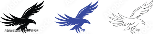 Eagle Silhouette Set: Black, Blue, and Line Art Versions for Versatile Design Applications