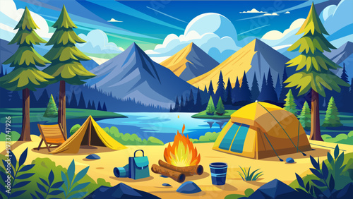 Serene lakeside camping scene under a mountain sky with two tents Background Design