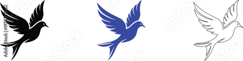 Elegant Bird Silhouettes: Black, Blue, and White Designs for Versatile Graphic Applications