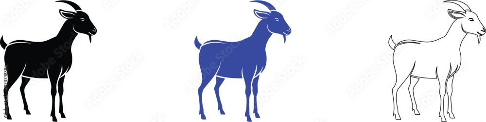 Fototapeta premium Goat Illustrations Set: Black, Blue, and White Line Art