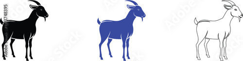 Goat Illustrations Set: Black, Blue, and White Line Art