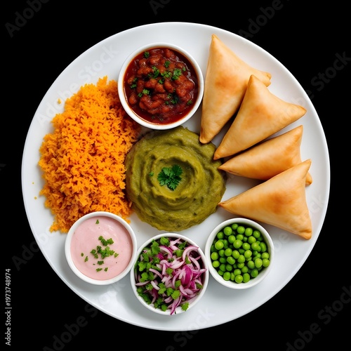 A top-down shot shows a white plate filled with Indian food