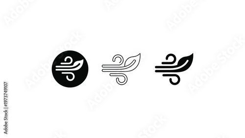 Minimal wind swirl icon set in line and solid styles, airflow and breeze symbol collection, weather concept black and white vector illustration