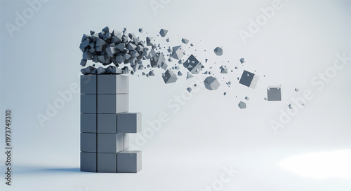 Gray puzzle pieces disintegrating and flying apart in a white background symbolizing confusion and chaos its illustration only