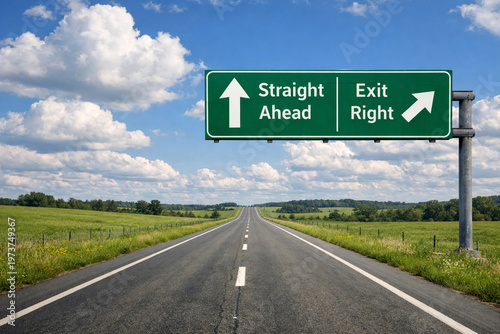 Green highway road sign showing straight ahead and exit right with arrows pointing the way