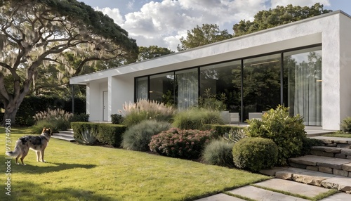 Modern Minimalist House With Large Glass Windows And Lush Garden High Resolution Photo