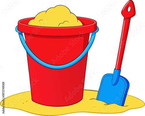 A red sand bucket filled with yellow sand and a shovel nearby