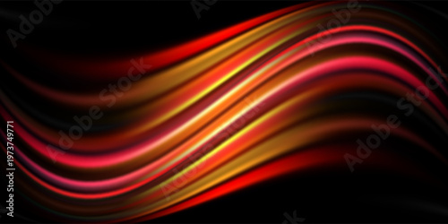 Red light trail element. Glowing neon speed line wave. Hot fire color luminous curved path concept. Bright fiery streaks for poster, banner, flyer. Abstract bent dynamic motion stripes. Vector