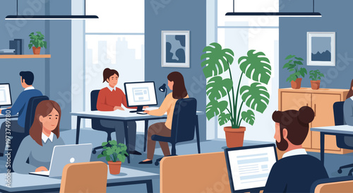 Modern Office Workplace Team Collaboration Vector Illustration, Business People Working on Computers Corporate Environment