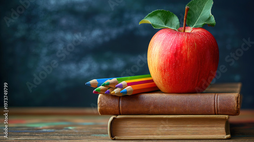 Grandiose Apple resting on books with pencils on blank chalkboard backdrop for educational theme