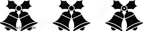 Three black silhouettes of holiday bells with decorative on white background