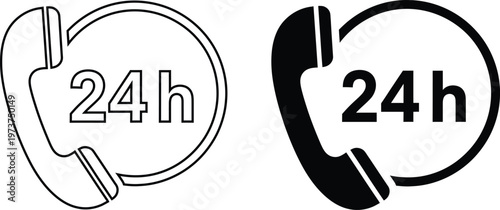 24 7 customer support icons black and white line art depicting continuous phone availability