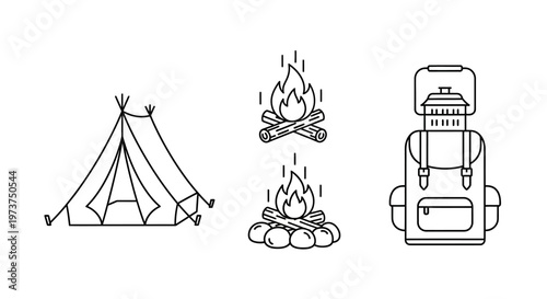 Camping icons with tent, campfire and backpack.