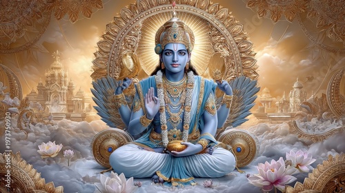 Serene celestial deity seated on clouds with lotus and radiant halo