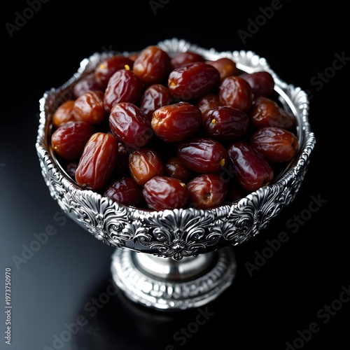 A close-up, high-angle shot showcases a silver, ornate pedestal bowl filled with plump, glossy dates