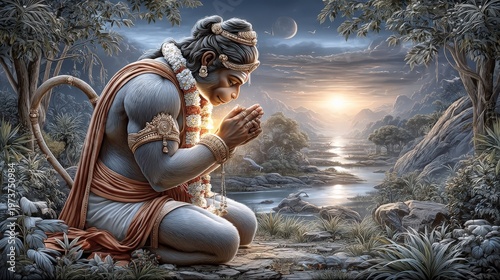 Sacred monkey devotee kneeling in prayer beside river at sunrise