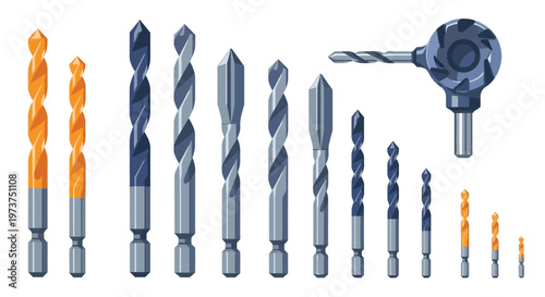A collection of various drill bits and a drill on a white background