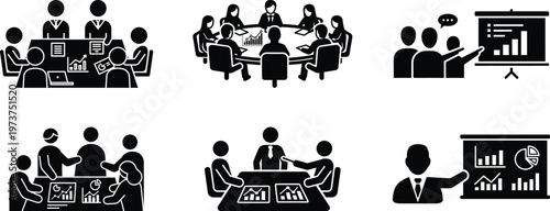Business analytics meeting presentation teamwork icons set, corporate boardroom data analysis strategy planning conference collaboration vector silhouettes collection