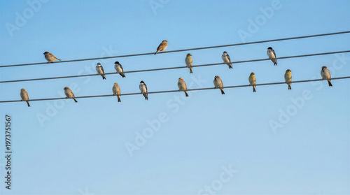 Flock of birds perched on power lines against clear blue sky  