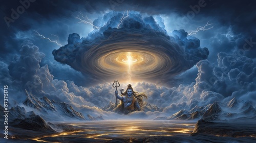 Cosmic storm trident spiritual illustration beneath vortex clouds and mountains