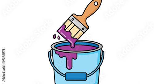 A paintbrush dips into a vibrant purple paint in a light blue bucket