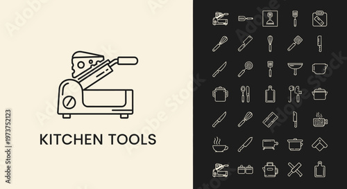 Kitchen Tools Line Icons Set with Cheese Grater on Isolated White and Dark Backgrounds
