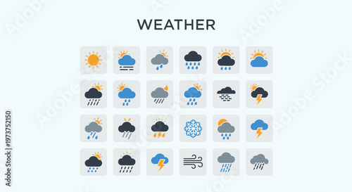 Weather Forecast Blue Line Icons Collection, Featuring Sunny, Cloudy, Rainy, Snowy, and Stormy Conditions in Bright Studio